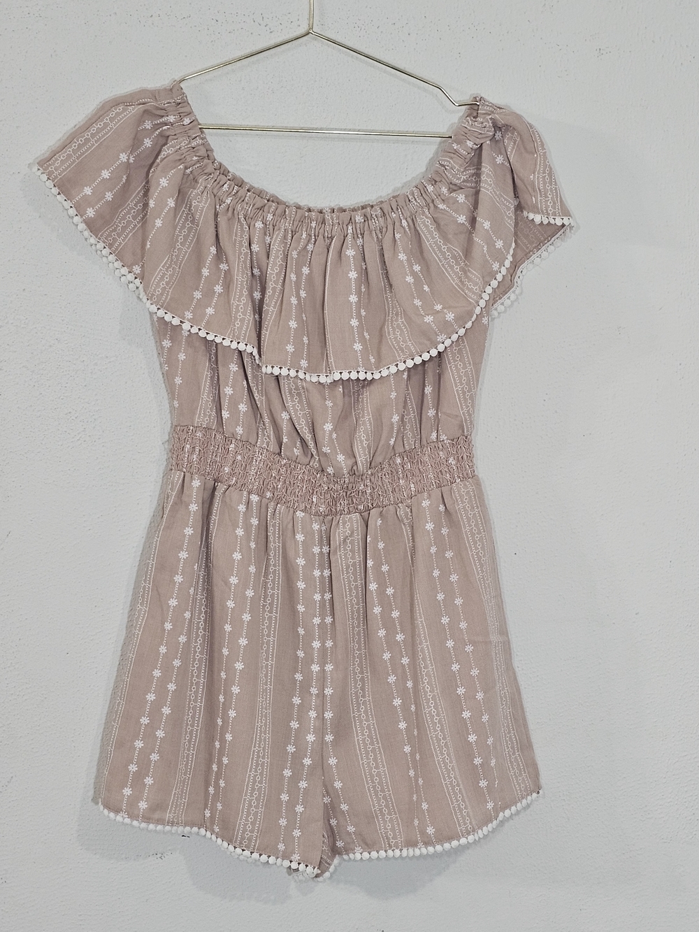 Pink Lily Boho Floral Stripe Romper M Off Shoulder Pom Pom Trim Tan Festival